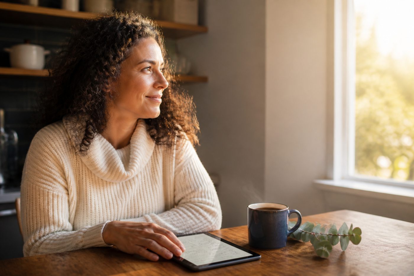 A woman smiles in the morning light at her kitchen table, her hand resting on a tablet with her journal notes